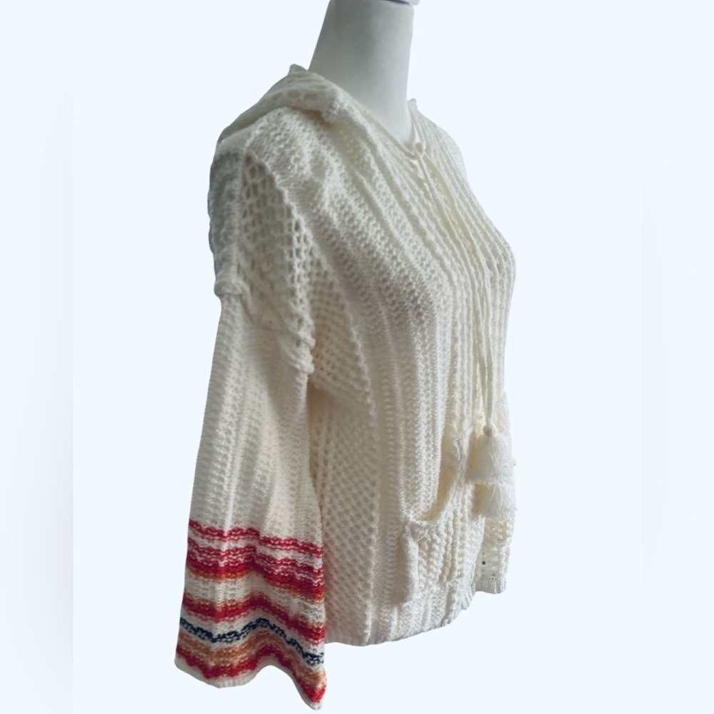 Swim CoverUp Crochet pullover Top pompoms.Flare Sleeves Sz Large.Bohemian Look.